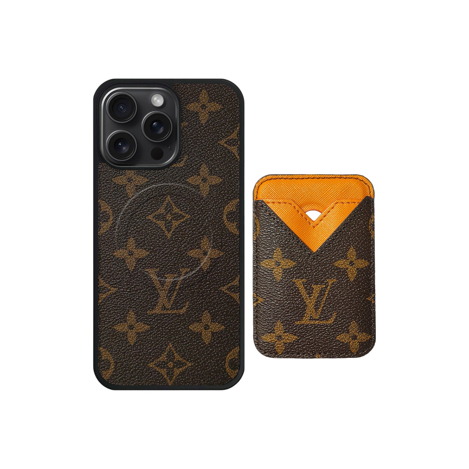 SET MAGSAFE CARDHOLDER LV MONOGRAM BROWN WITH ORANGE SET MAGSAFE CARDHOLDER LV MONOGRAM BROWN WITH ORANGE