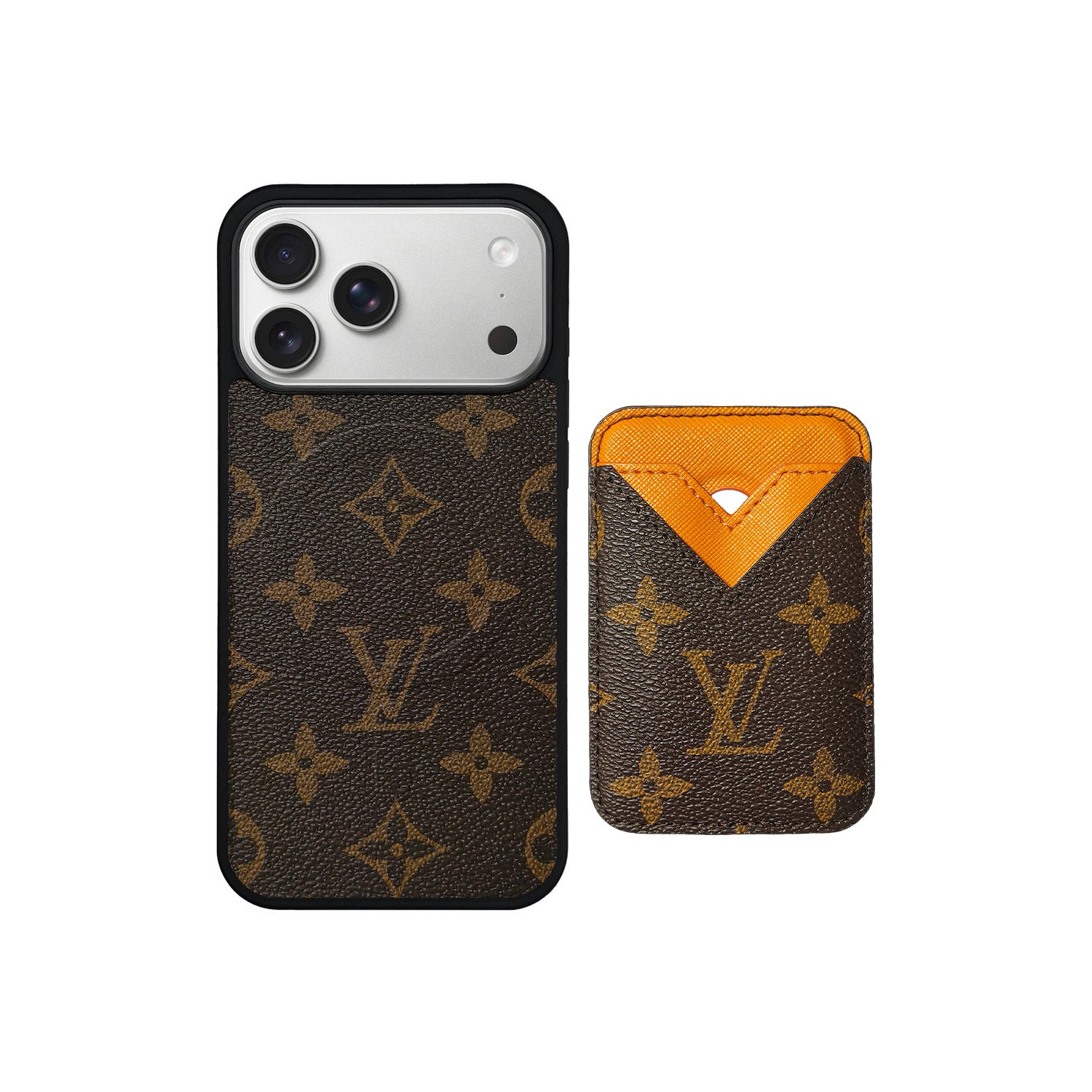SET MAGSAFE CARDHOLDER LV MONOGRAM BROWN WITH ORANGE SET MAGSAFE CARDHOLDER LV MONOGRAM BROWN WITH ORANGE